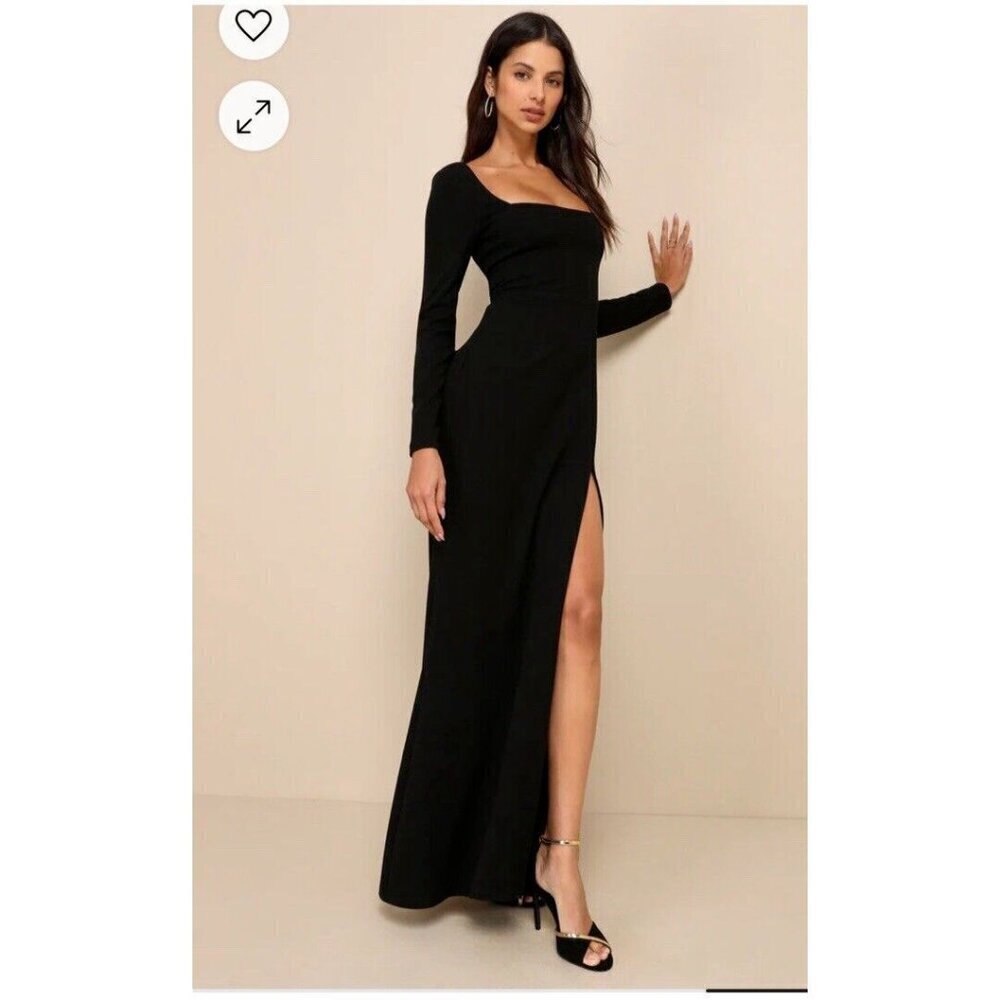 Lulus Infinitely Elegant Black Long Sleeve Maxi High slit Dress Gown size small - Picture 3 of 13